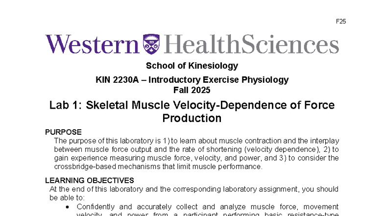 Lab 1: Skeletal Muscle Force Production - KIN 2230A Fall 2025 - Studocu