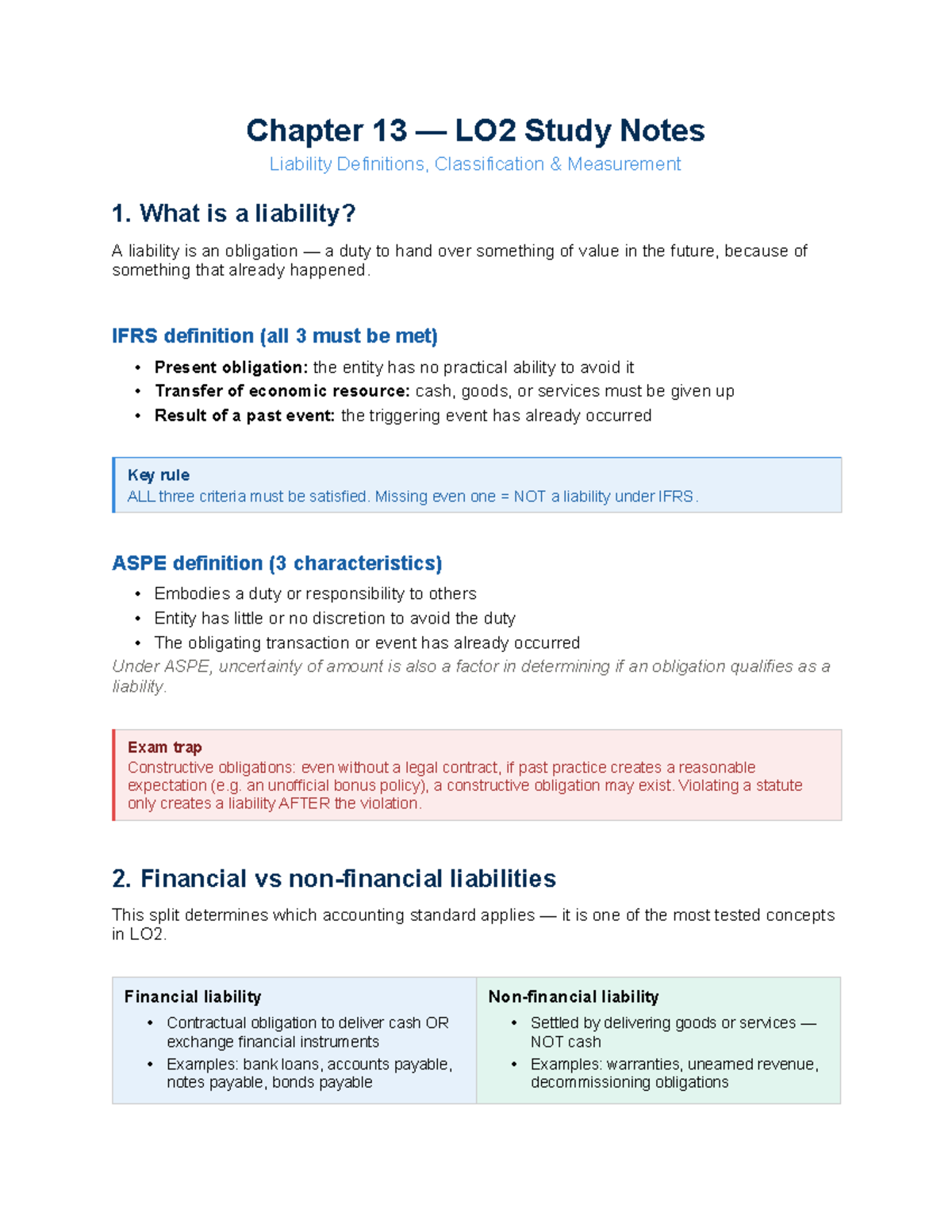Chapter 13 LO2 Study Notes: Liability Definitions & Measurement - Studocu