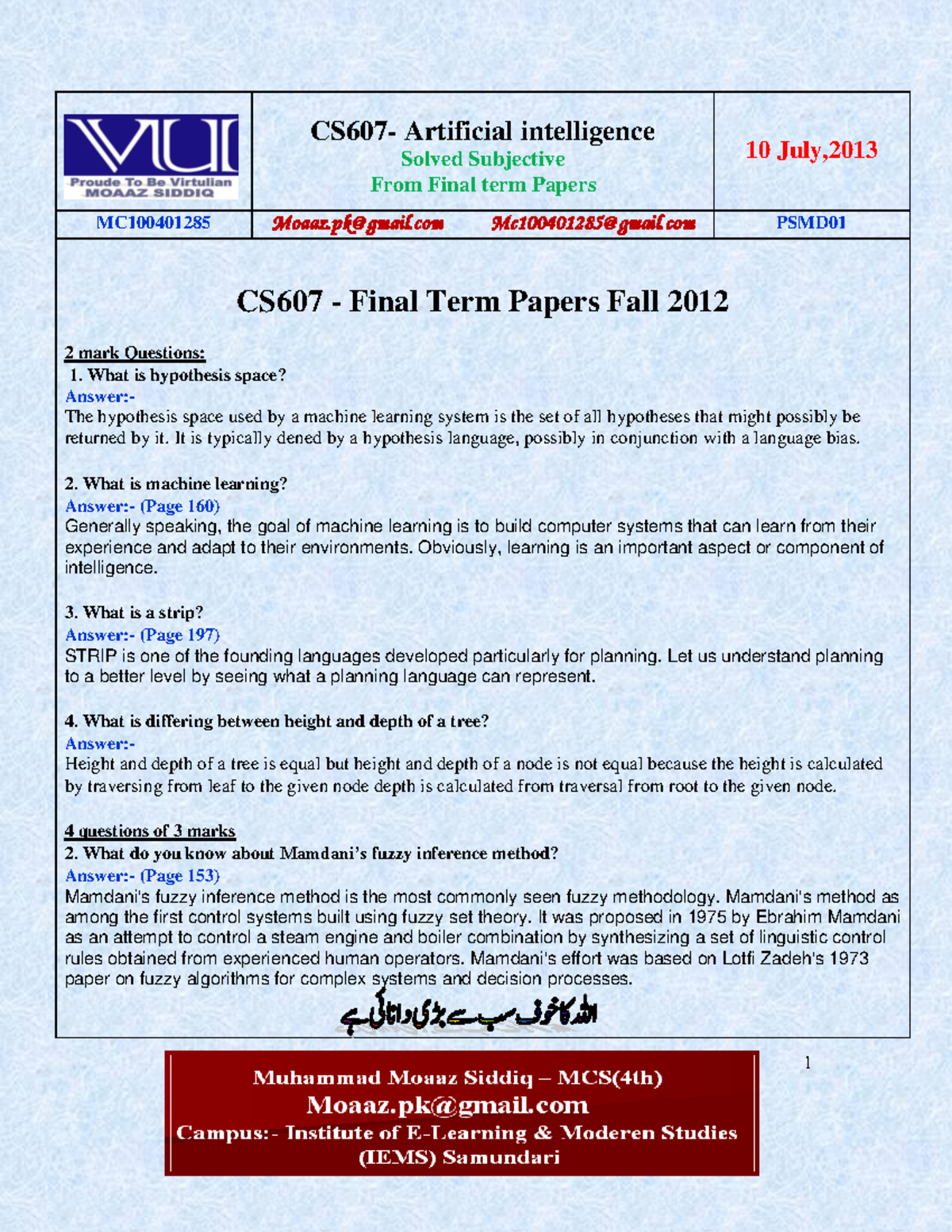 CS607 - Final Term Exam Subjective Solutions with References by Moaaz ...