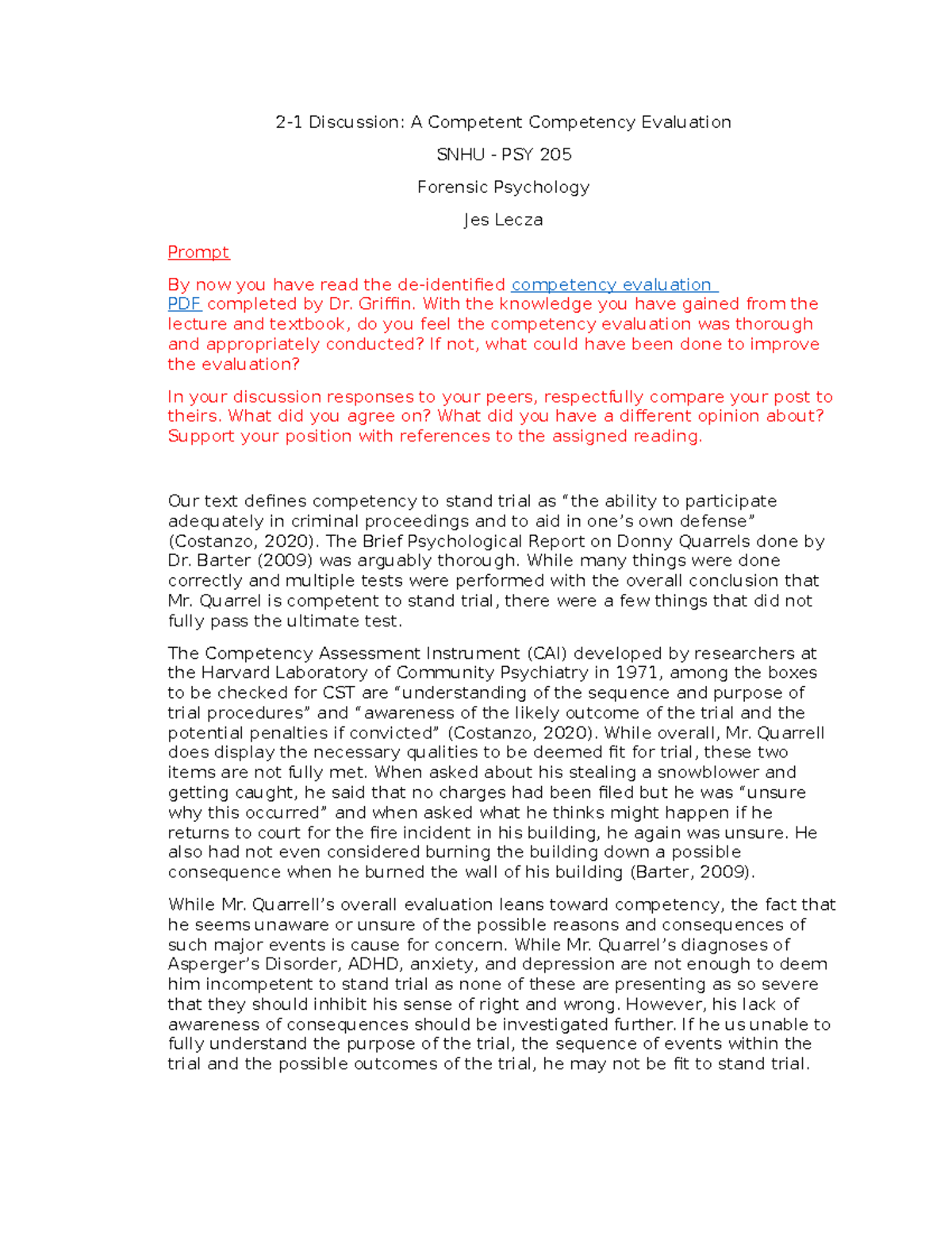 PSY 205 Discussion: Evaluating Competency Assessments in Forensic ...