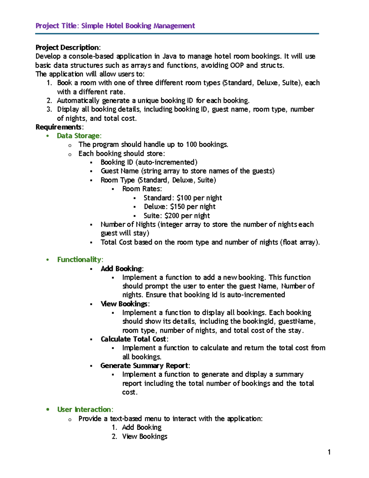 Hotel Management Booking System - System Project Description: Develop a ...