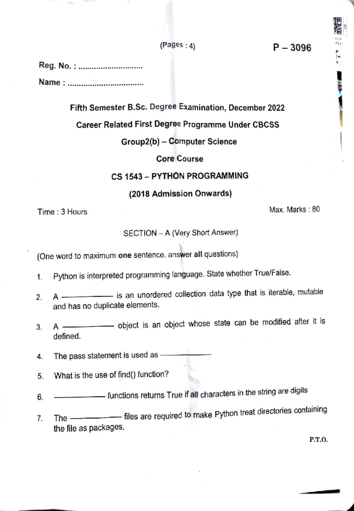 CS 1543: Previous Year Questions for Python Programming Exam - Studocu