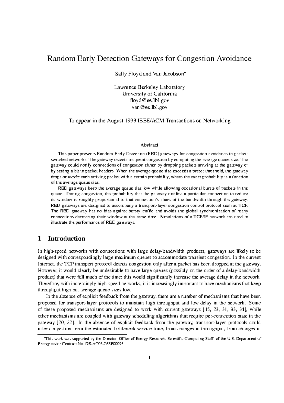 Random Early Detection Gateways for Congestion Avoidance - RED 2 - Studocu