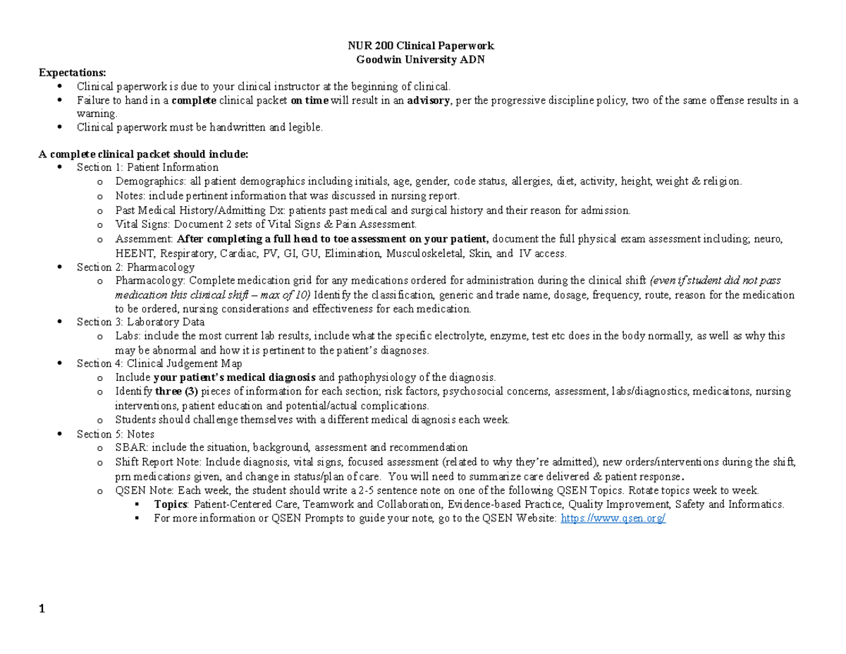 NUR 200 Clinical Packet Guidelines for Goodwin University ADN - Studocu