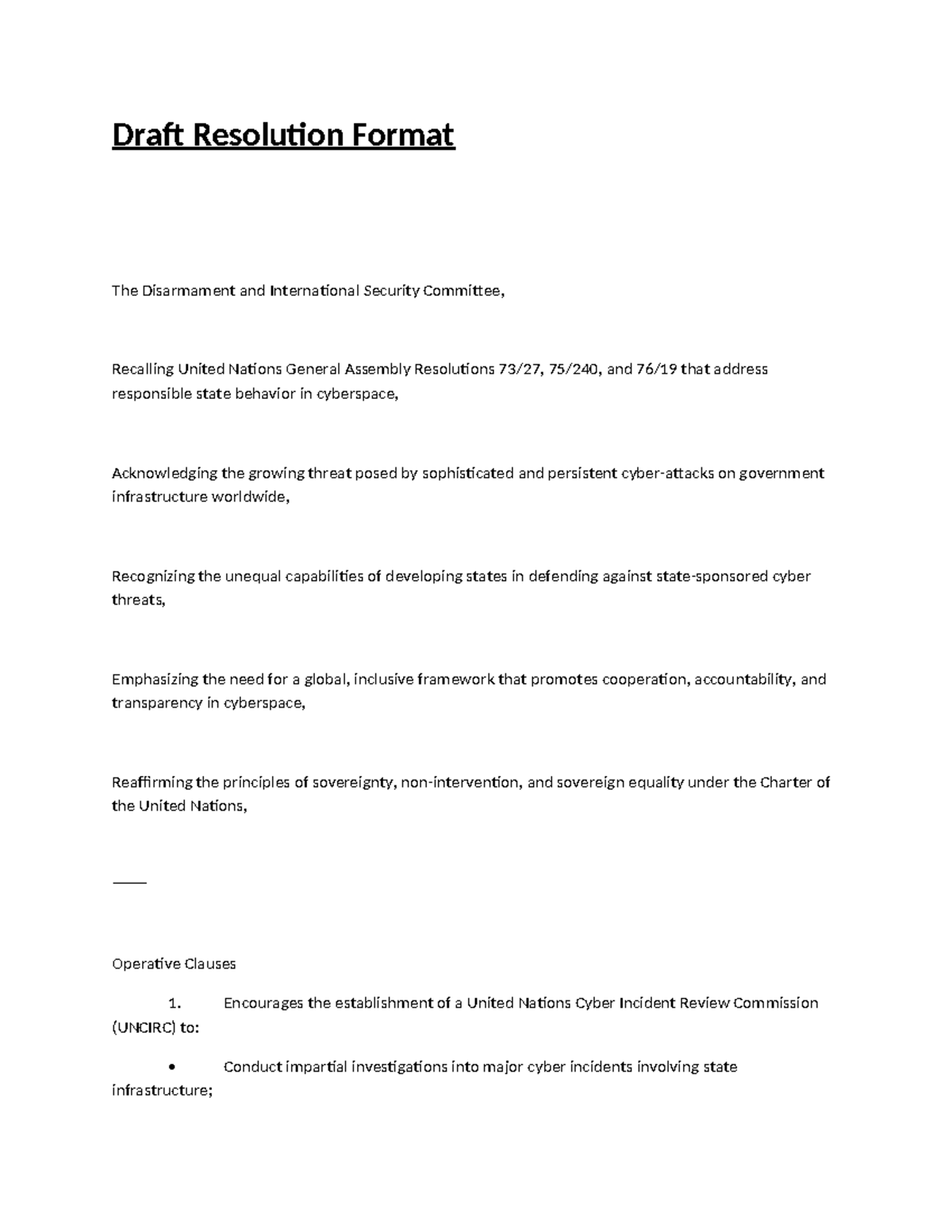 Draft Resolution Format: Cybersecurity in Disarmament and Int'l ...