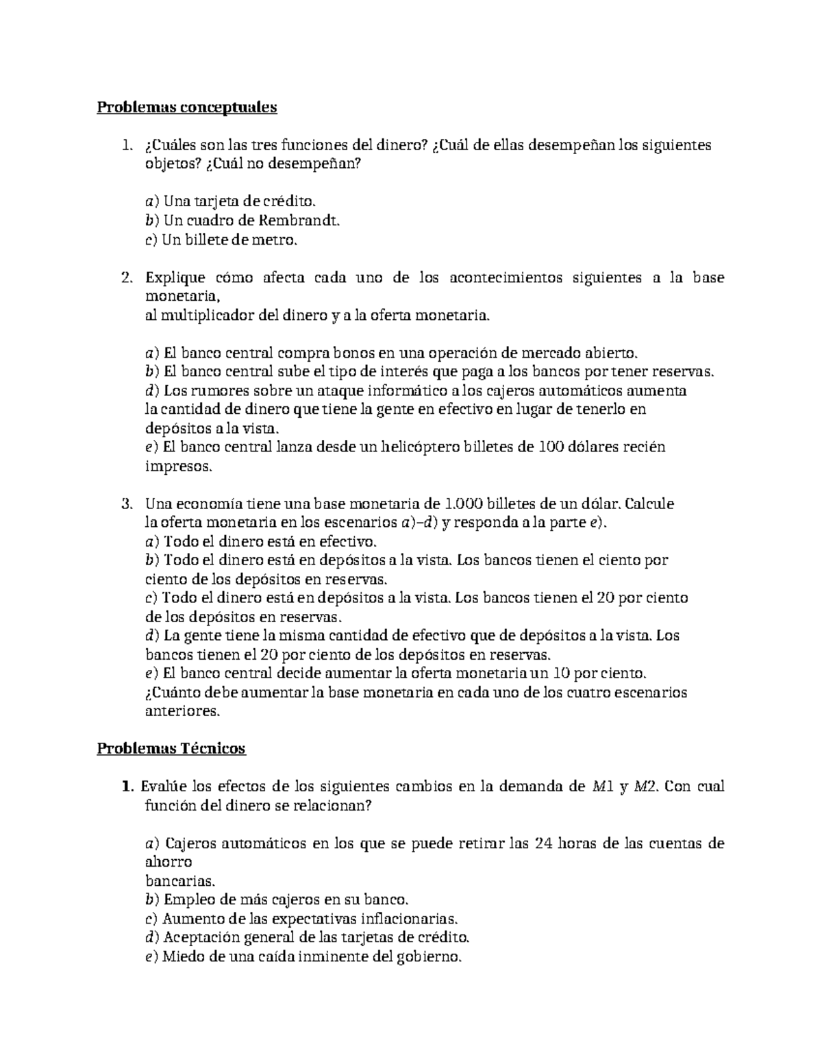 Ejercicios sobre las Funciones y Efectos del Dinero en la Economía ...