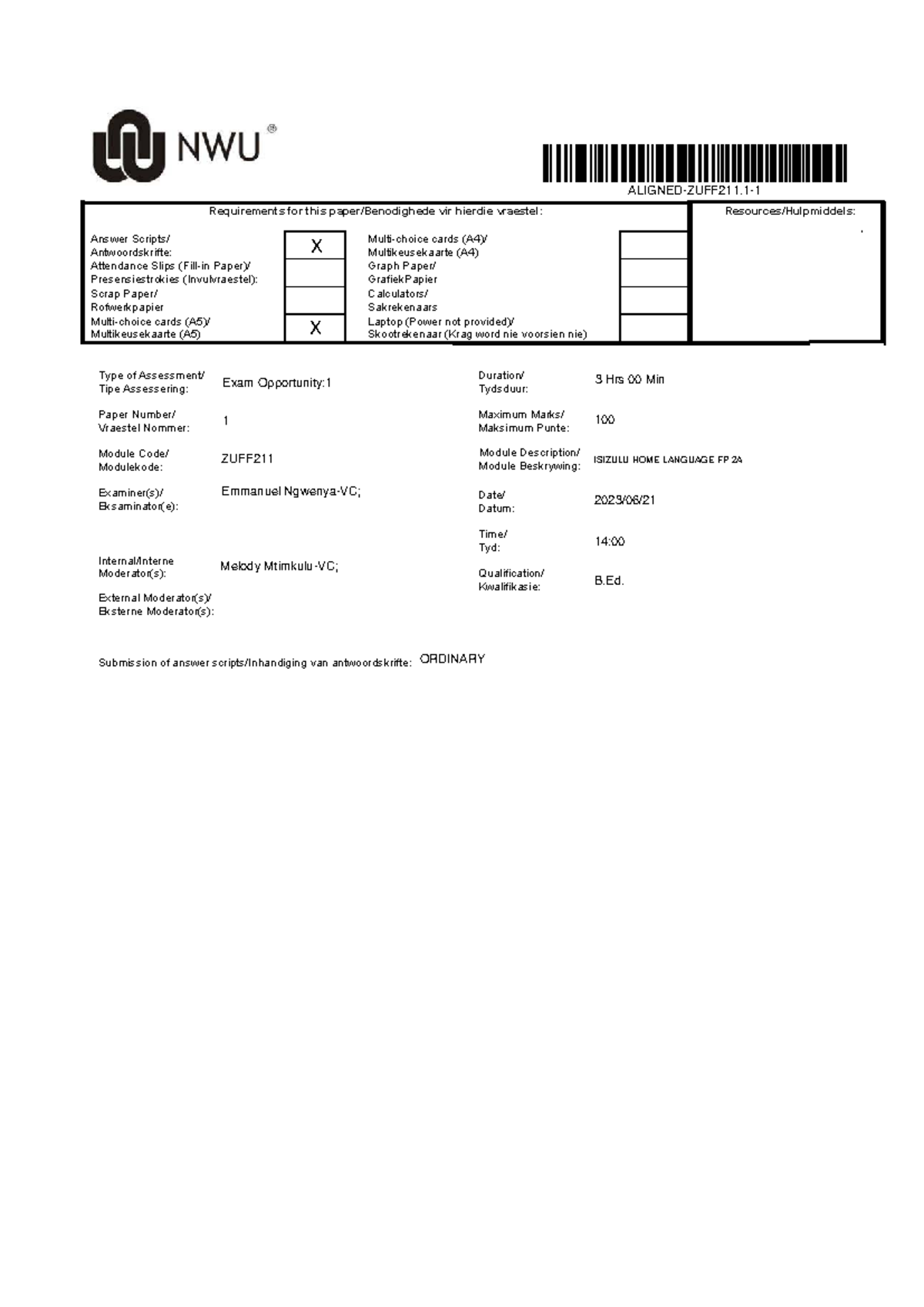 ZUFF211 Exam Paper 1 Requirements and Attendance Slips - Studocu