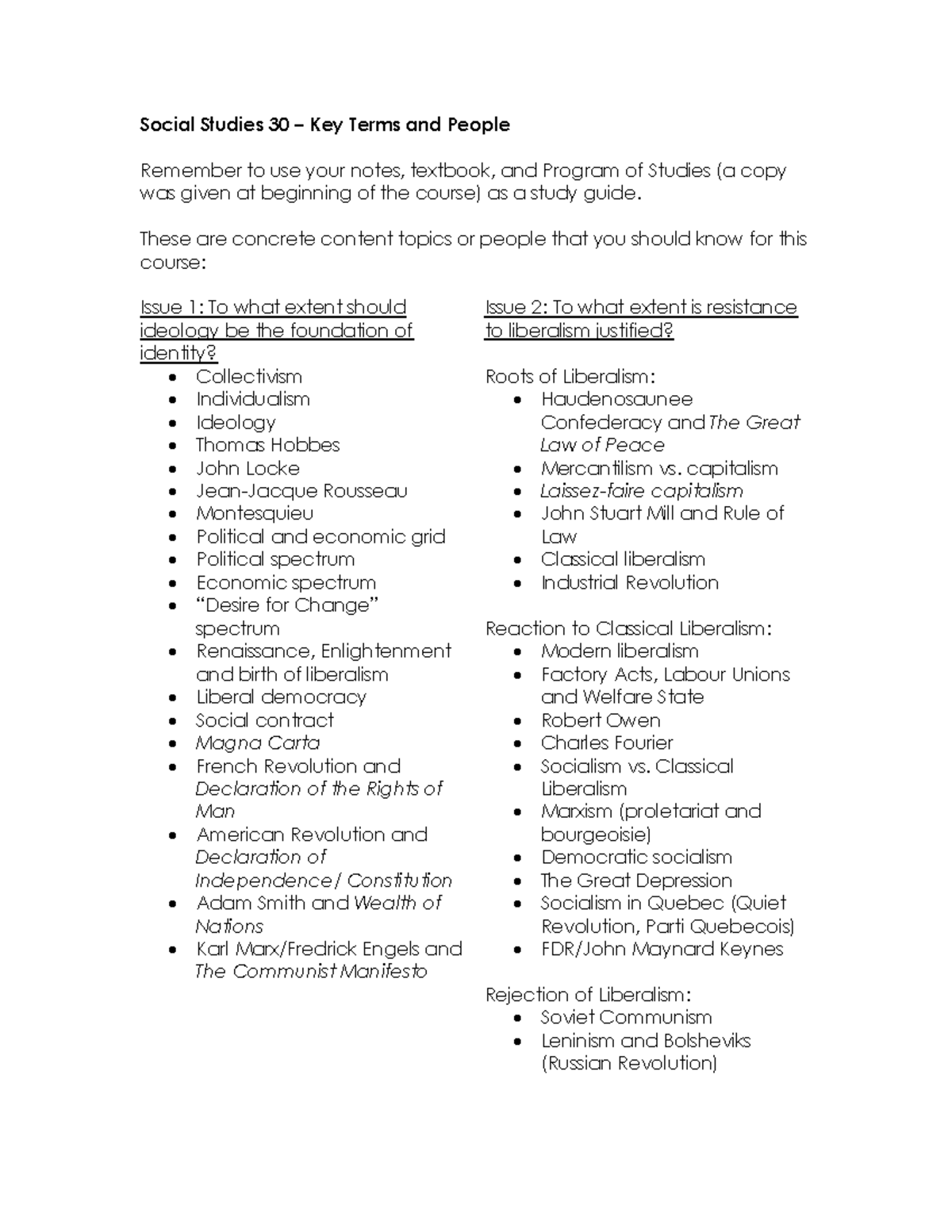 Social Studies 30-1 Final Exam Key Terms and Concepts Review - Studocu