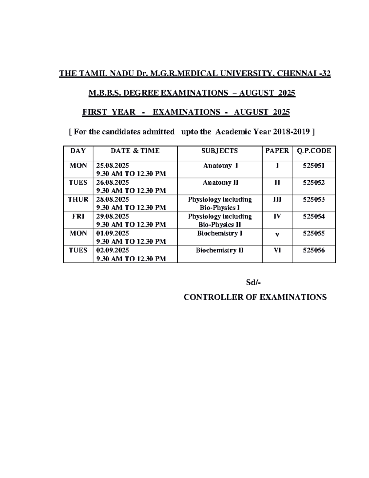 MBBS 1st Year Exam Schedule - Aug 2025 (Tamil Nadu University) - Studocu