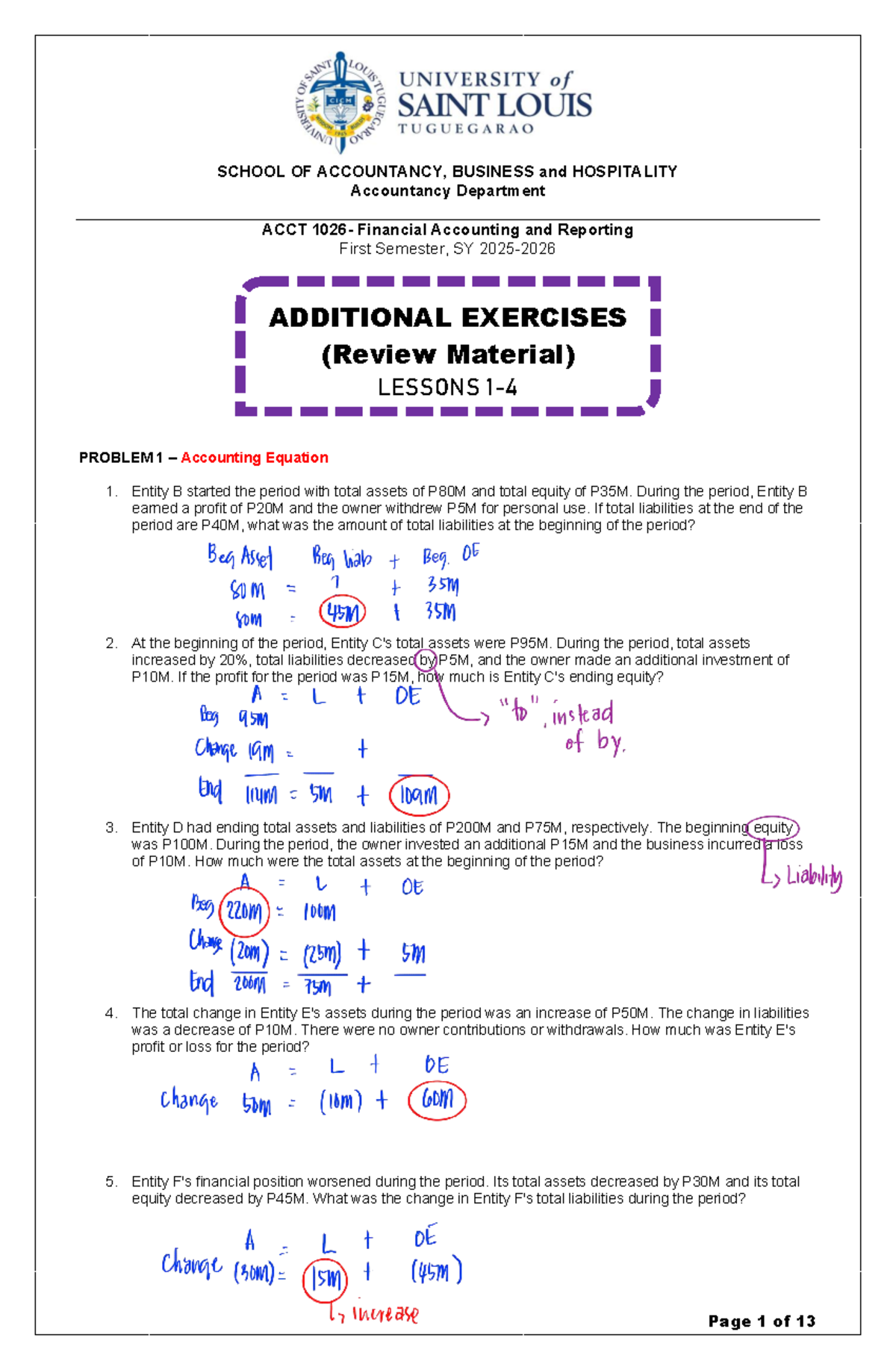 ACCT 101: Financial Accounting & Reporting Additional Exercises Review ...