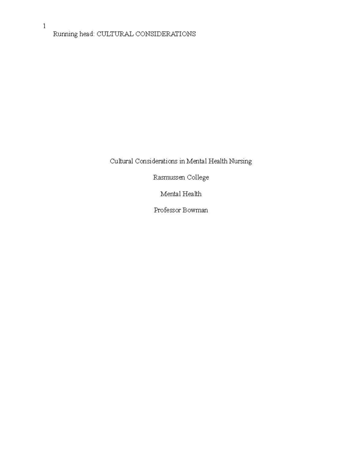 Cultural Considerations in Mental Health Nursing - Running head ...