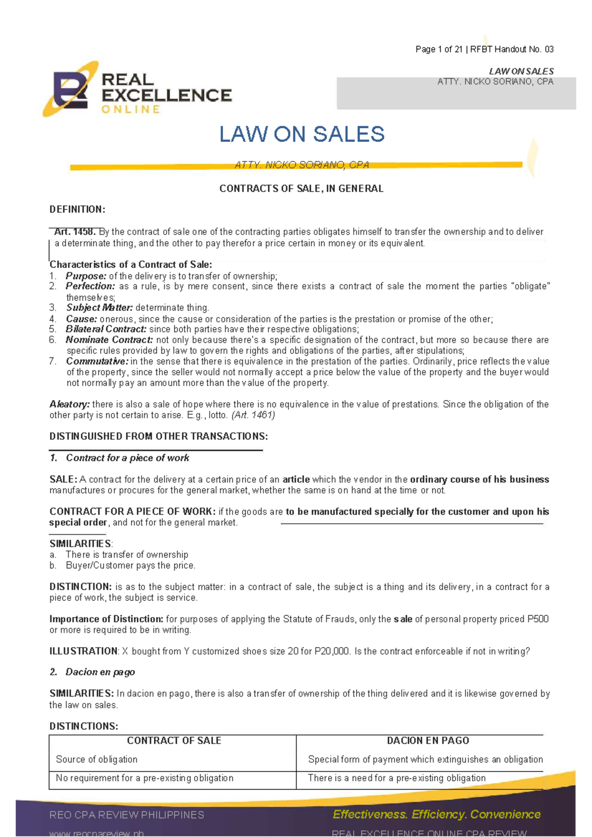RFBT Handout No. 03: Law on Sales Overview by Atty. Nicko Soriano, CPA ...