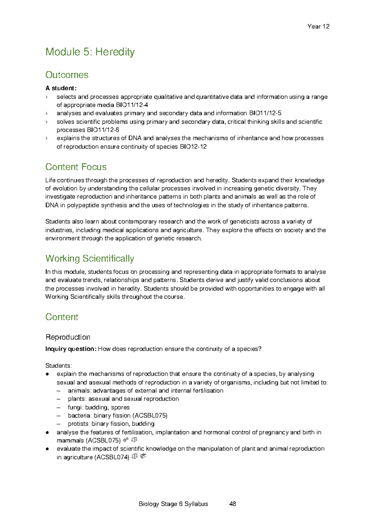 Biology Year 12 Syllabus - Module 5: Heredity and Reproduction - Studocu