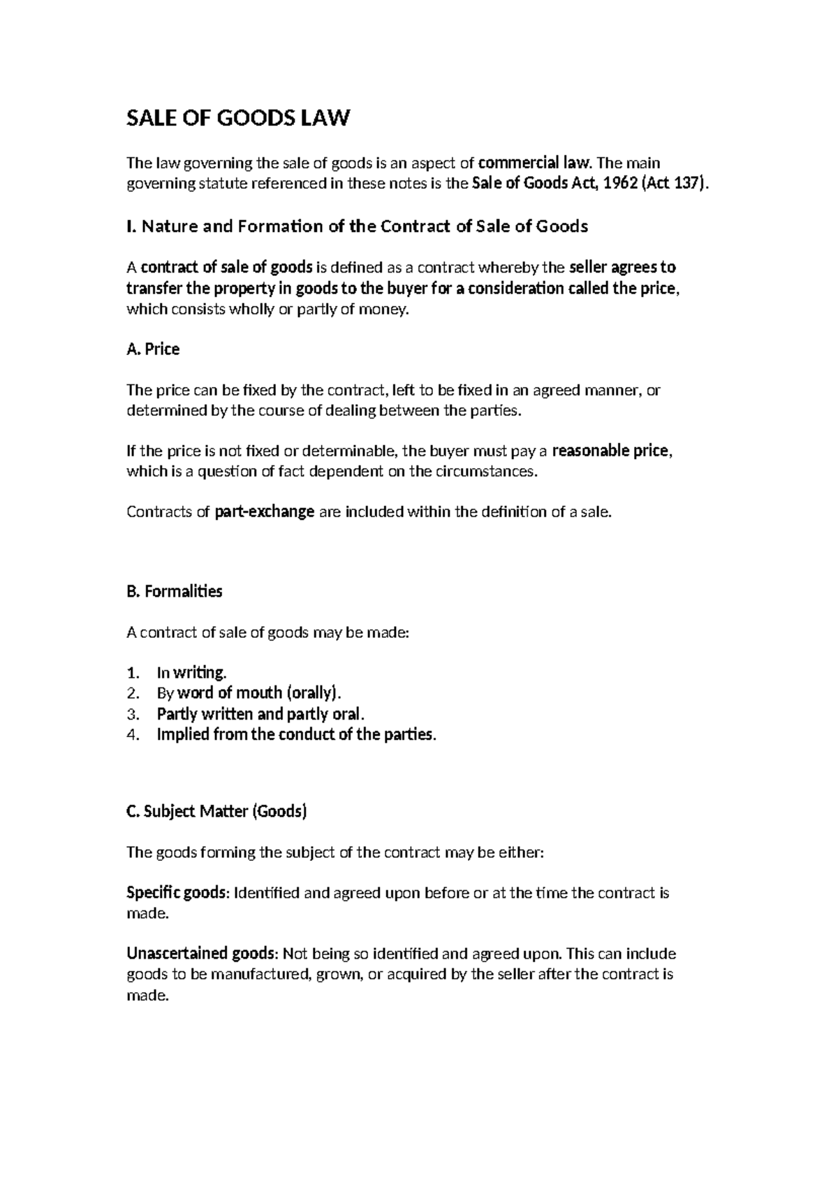 Sale of Goods Law - Act 137 Study Notes - Studocu