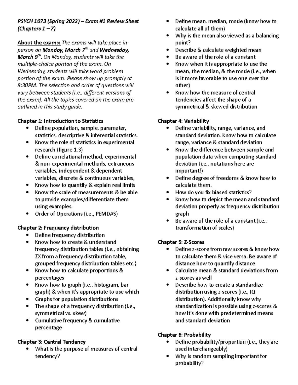 PSYCH 107 3 Exam #1 Review Sheet - PSYCH 1073 (Spring 2022) – Exam #1 ...