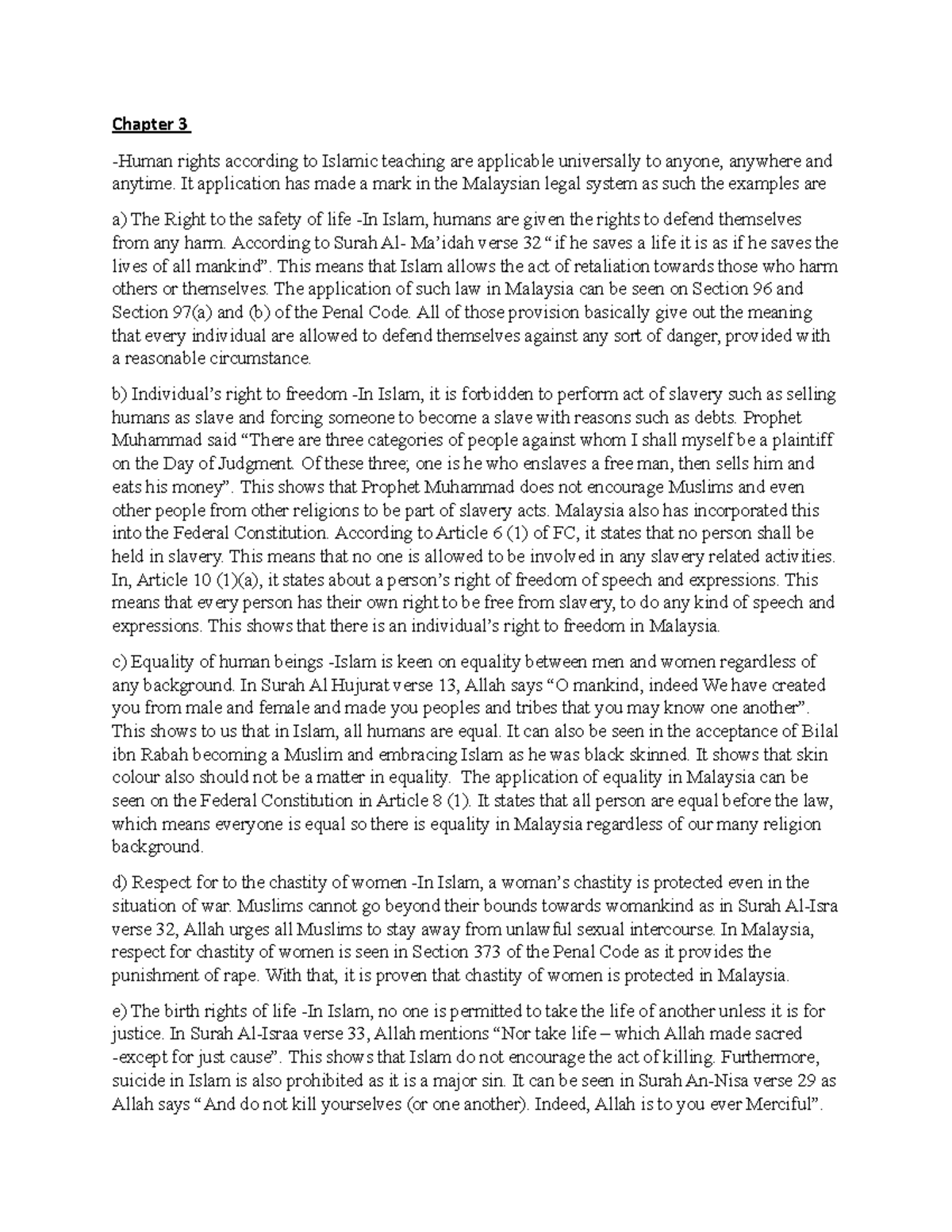 Chapter 3: Human Rights in Islamic Teaching & Malaysian Law - Studocu