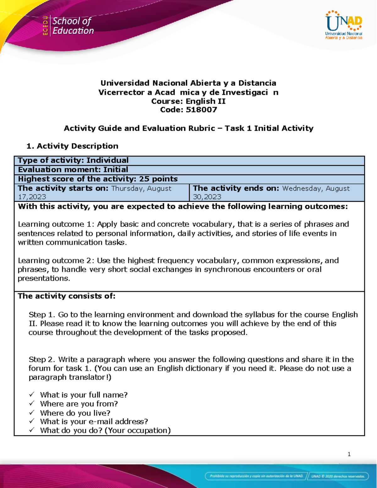 English II (518007) – Activity Guide & Eval Rubric for Task 1 - Studocu