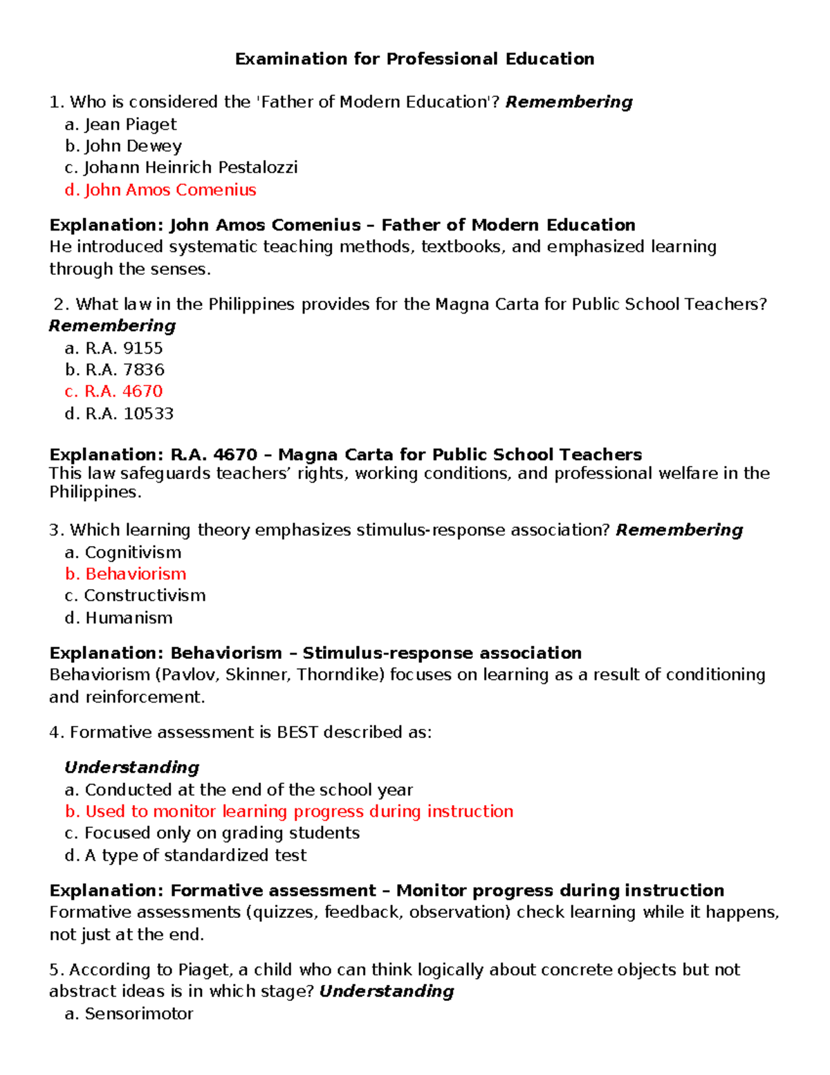 Professional Education Exam Review: Key Concepts and Theories - Studocu