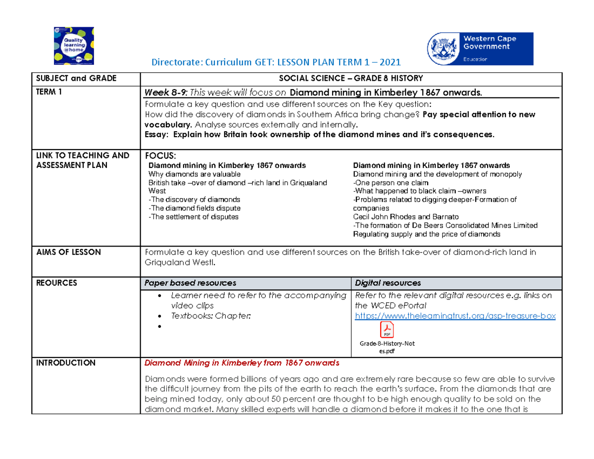 Lesson Plan SP Grade 8 SS History T1: Diamond Mining in Kimberley - Studocu