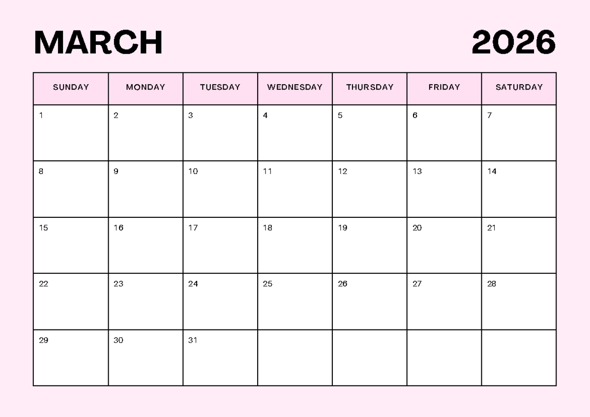 Pink Simple March 2026 Valentines Calendar A4 Document - Medical ...