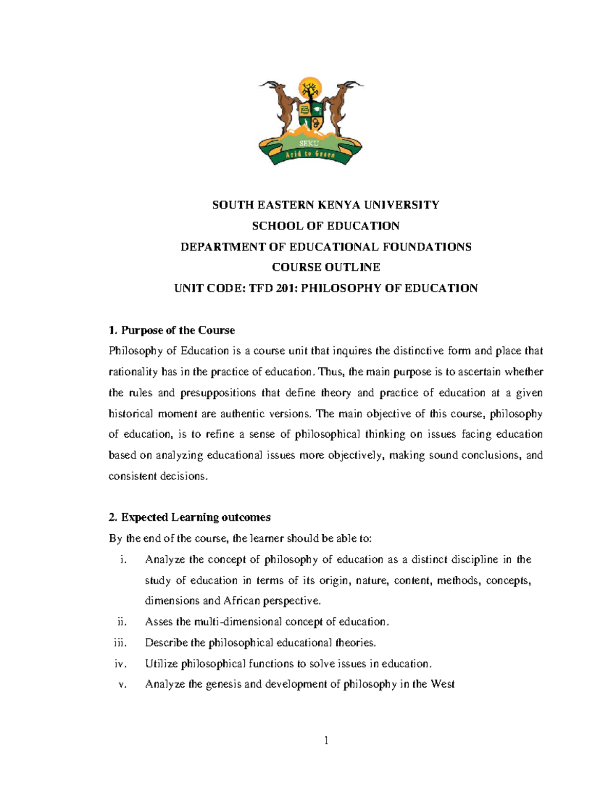 TFD 201: Philosophy of Education Course Outline and Notes - Studocu