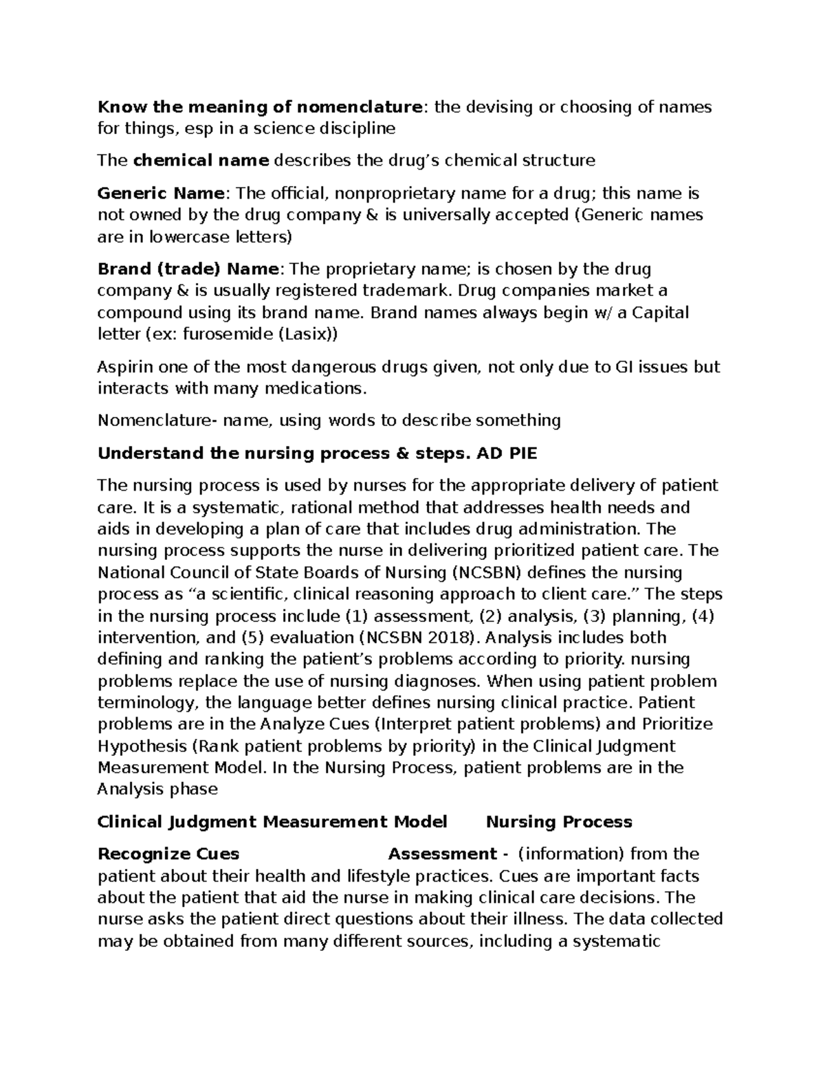 Pharmacology Study Guide: Key Concepts and Nursing Process (PHARM 101 ...