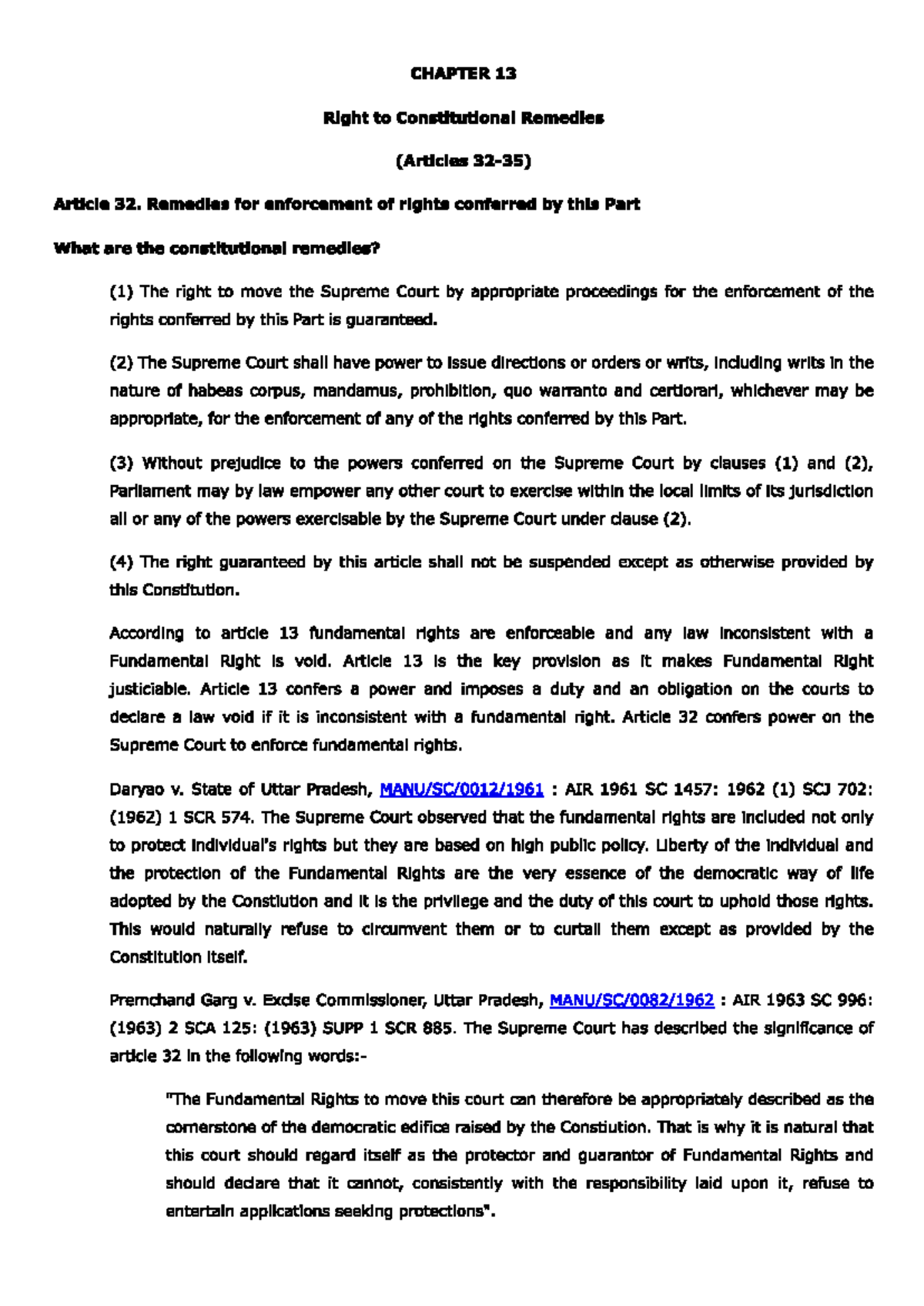 CHAPTER 13: Right to Constitutional Remedies (Article 32) - Studocu