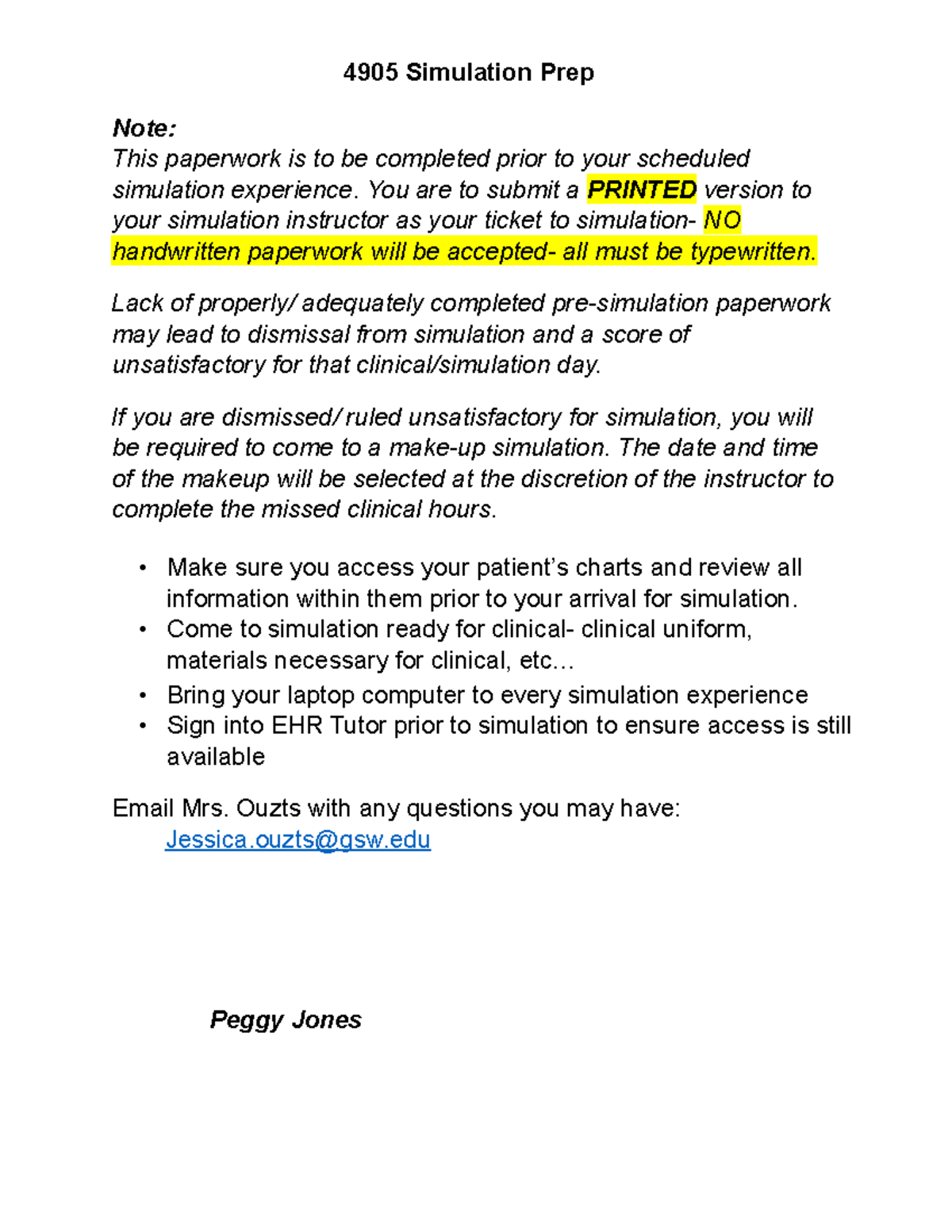 4905 Pre-Simulation Paperwork and Essential Patient Care Guidelines ...