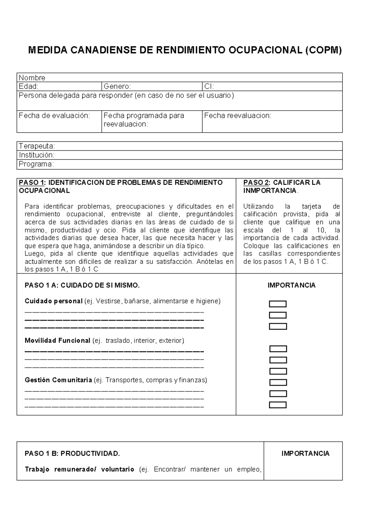 COMP - Pauta de Evaluación del Rendimiento Ocupacional (COPM) - Studocu