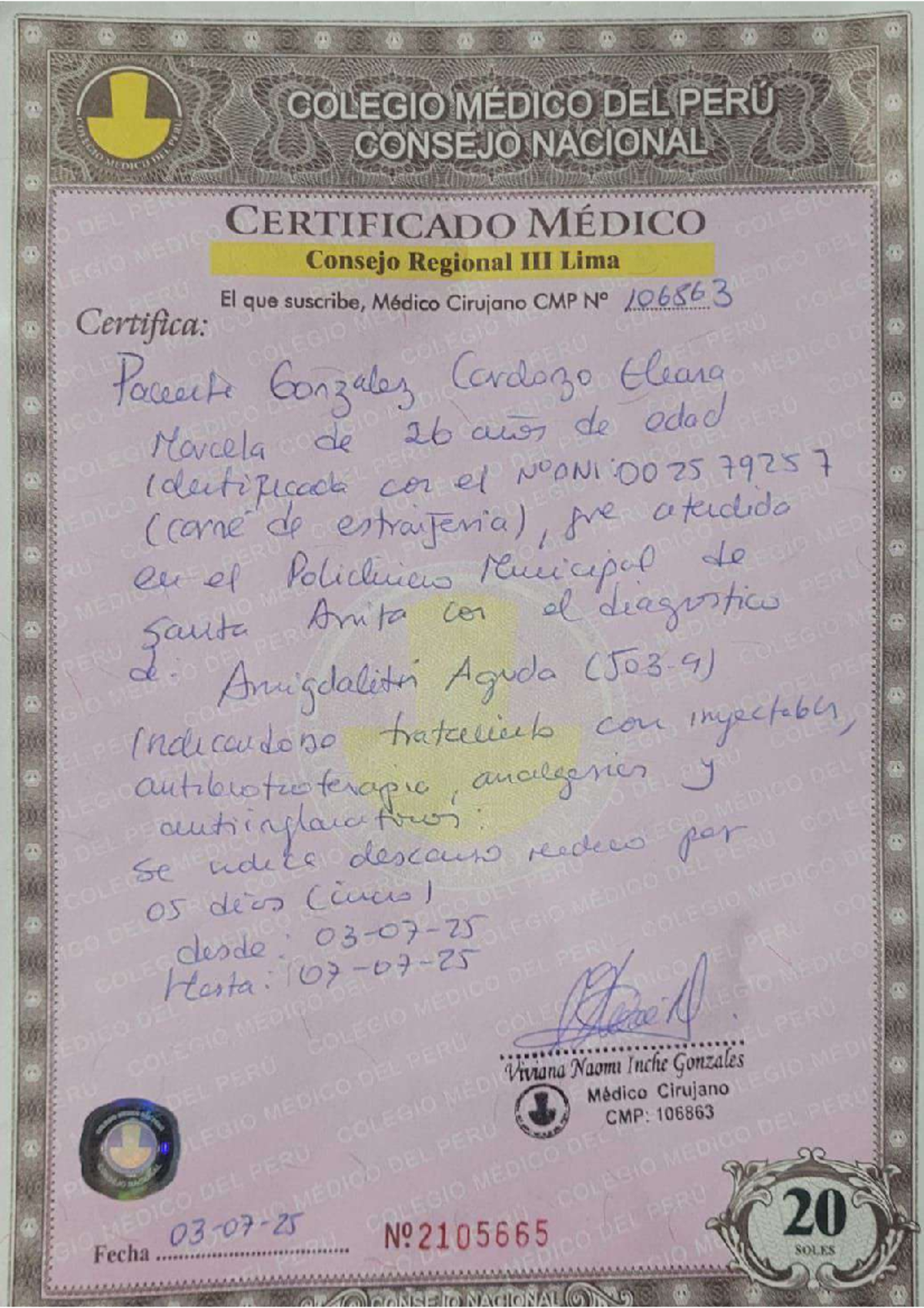 Descanso Médico - Certificado CMP 106863 - Studocu