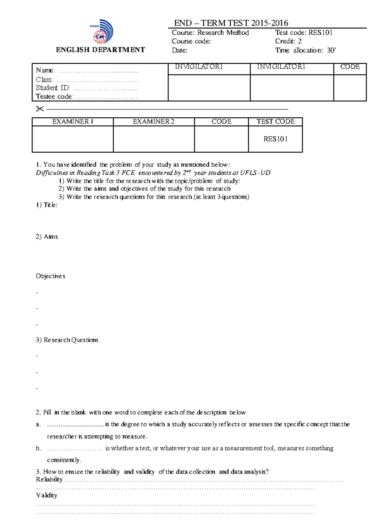 End-Term Test Paper for Research Method (RES 101) - 2015-2016 - Studocu