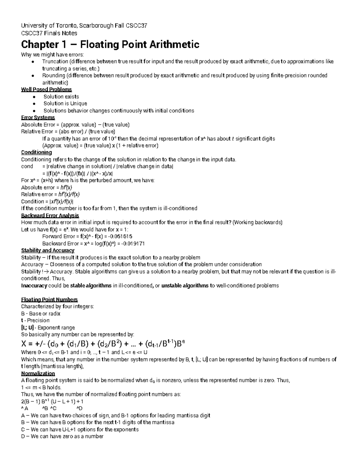 CSCC37 Final Exam Study Guide: Floating Point Arithmetic & Linear ...