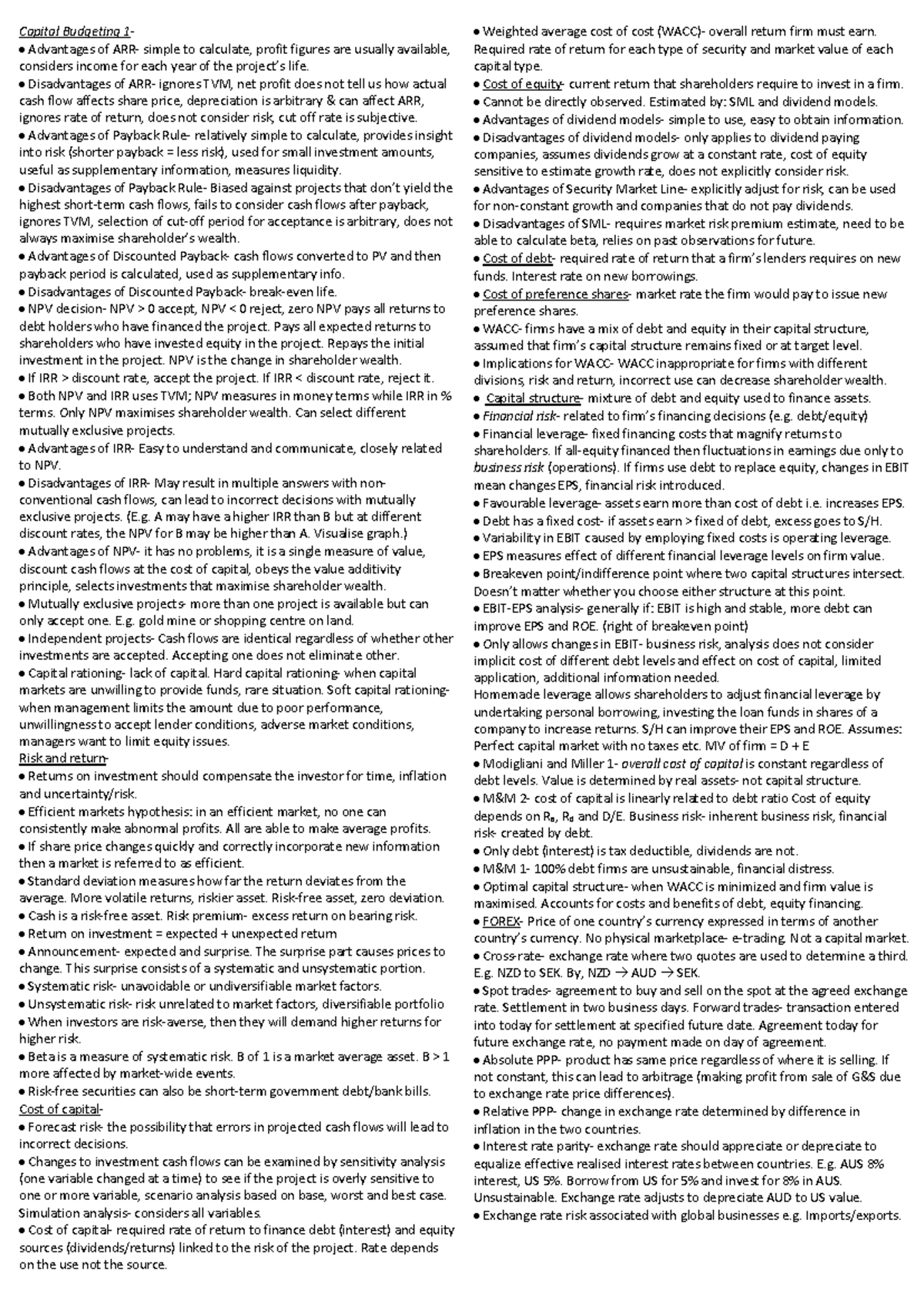 Finance Exam Cheat Sheet: Capital Budgeting Concepts and Analysis - Studocu