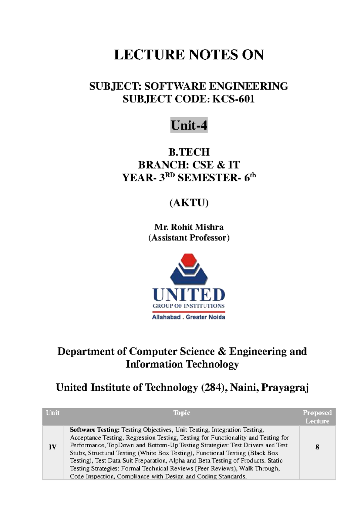 SE (KCS-601) Unit 4 Lecture Notes: Software Testing Techniques and ...