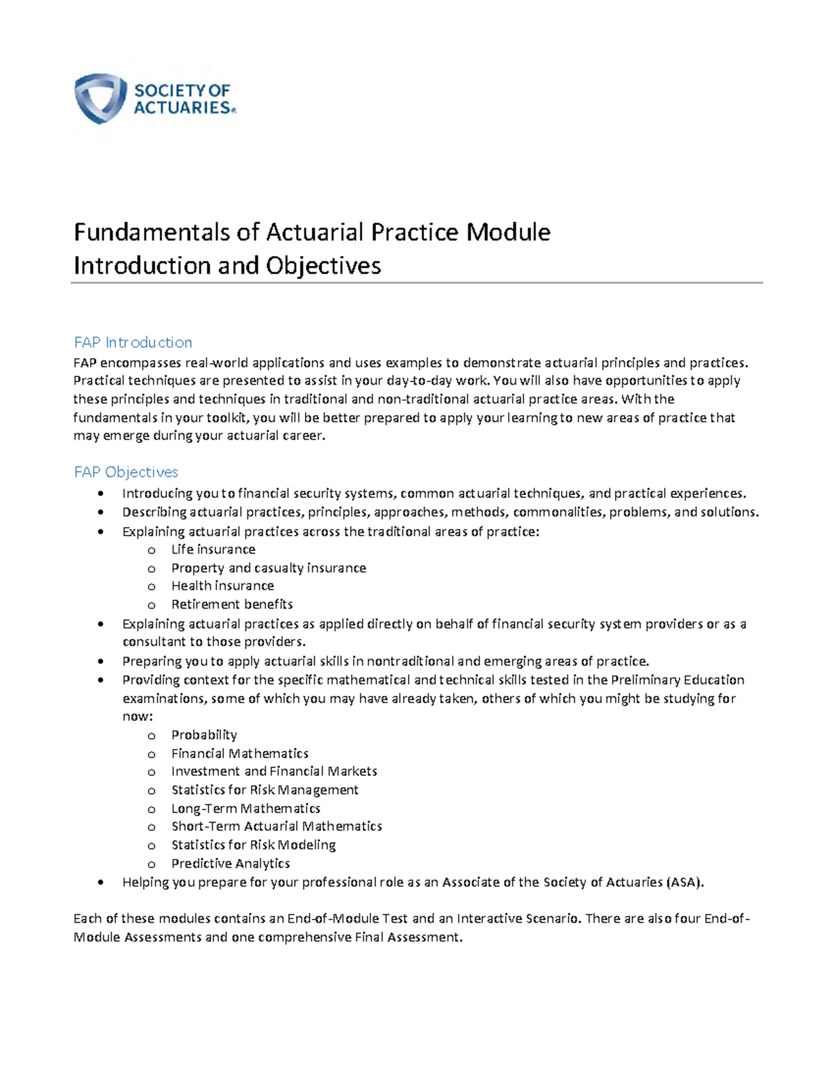 FAP Module Introduction & Objectives Overview: Actuarial Practice Guide ...