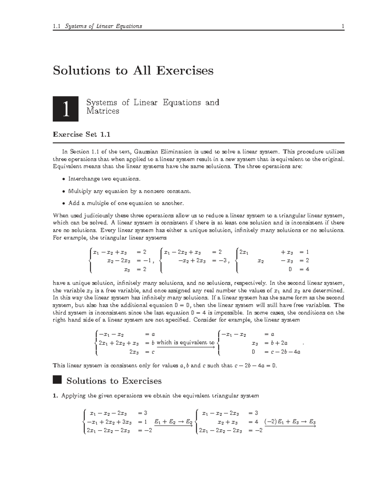 1.1 Systems of Linear Equations: Solutions to All Exercises (Final Exam ...