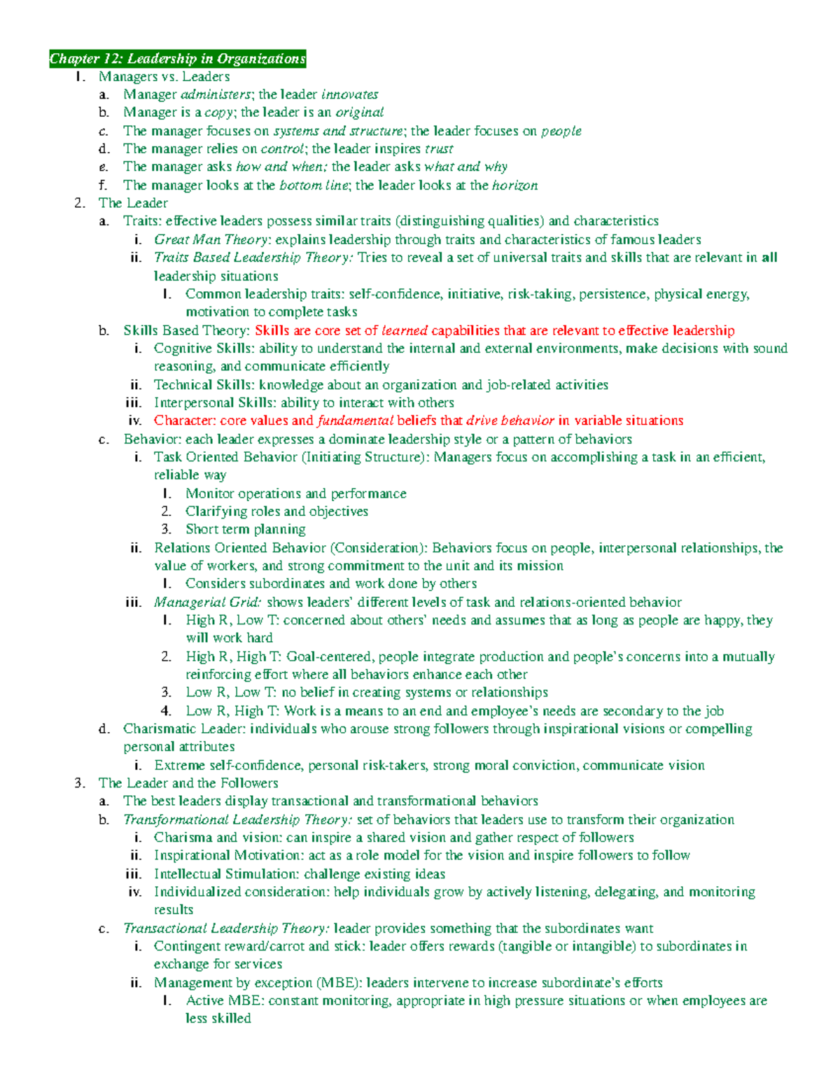 MGMT 3000 Leadership and Power: Final Review Notes - Studocu