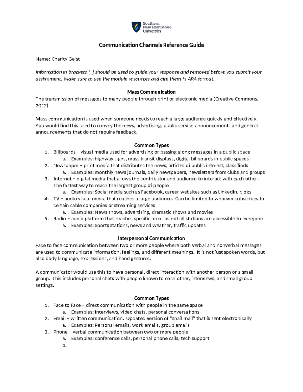 COM 127 Communication Channels Reference Guide: Mass & Interpersonal ...