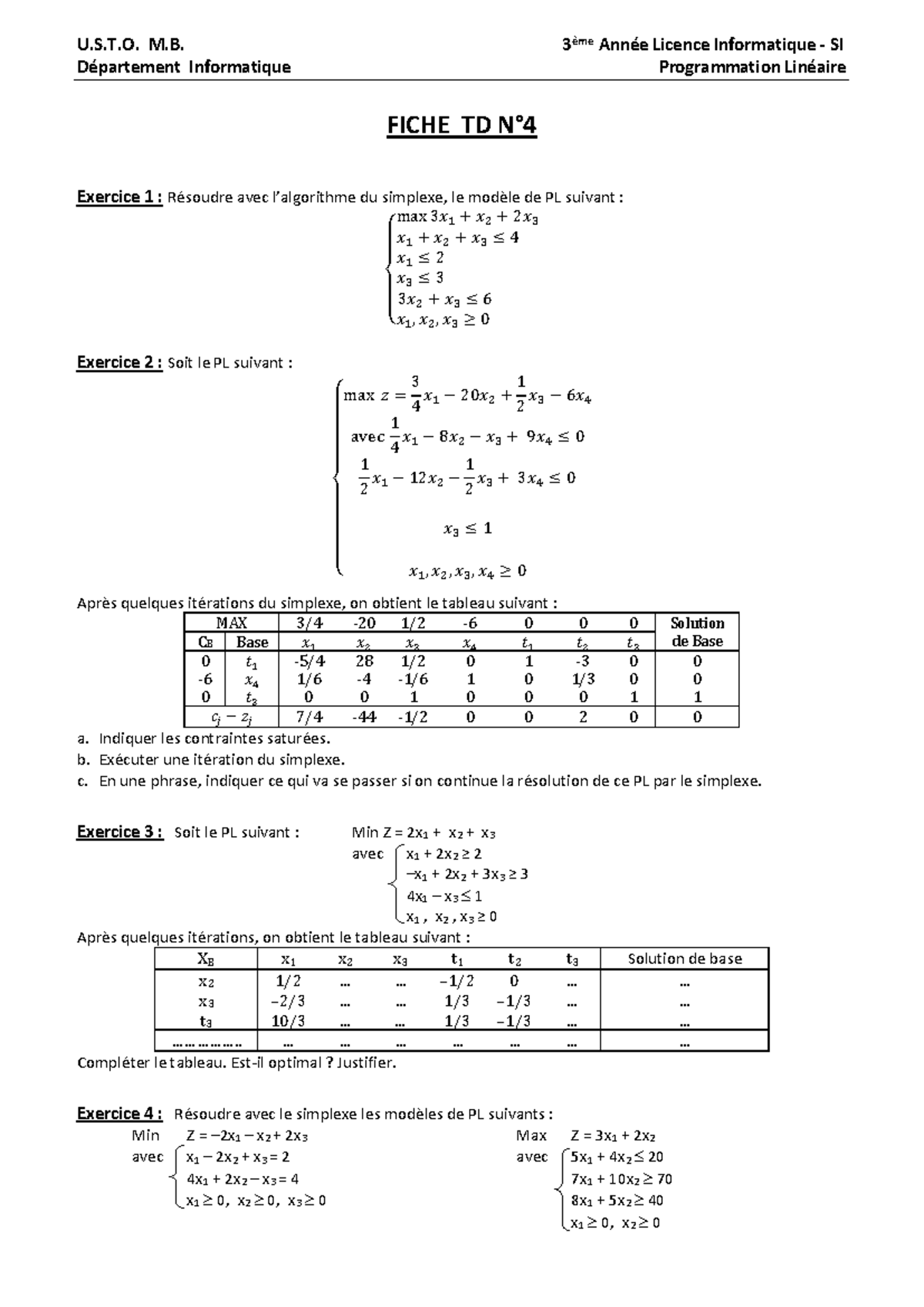 TD Algorithme de Simplexe et Résolution de Programmatique Linéaire ...