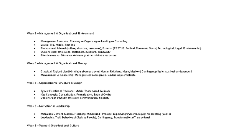 MGT 101: Week 2-11 Organisational Management Overview and Key Concepts ...