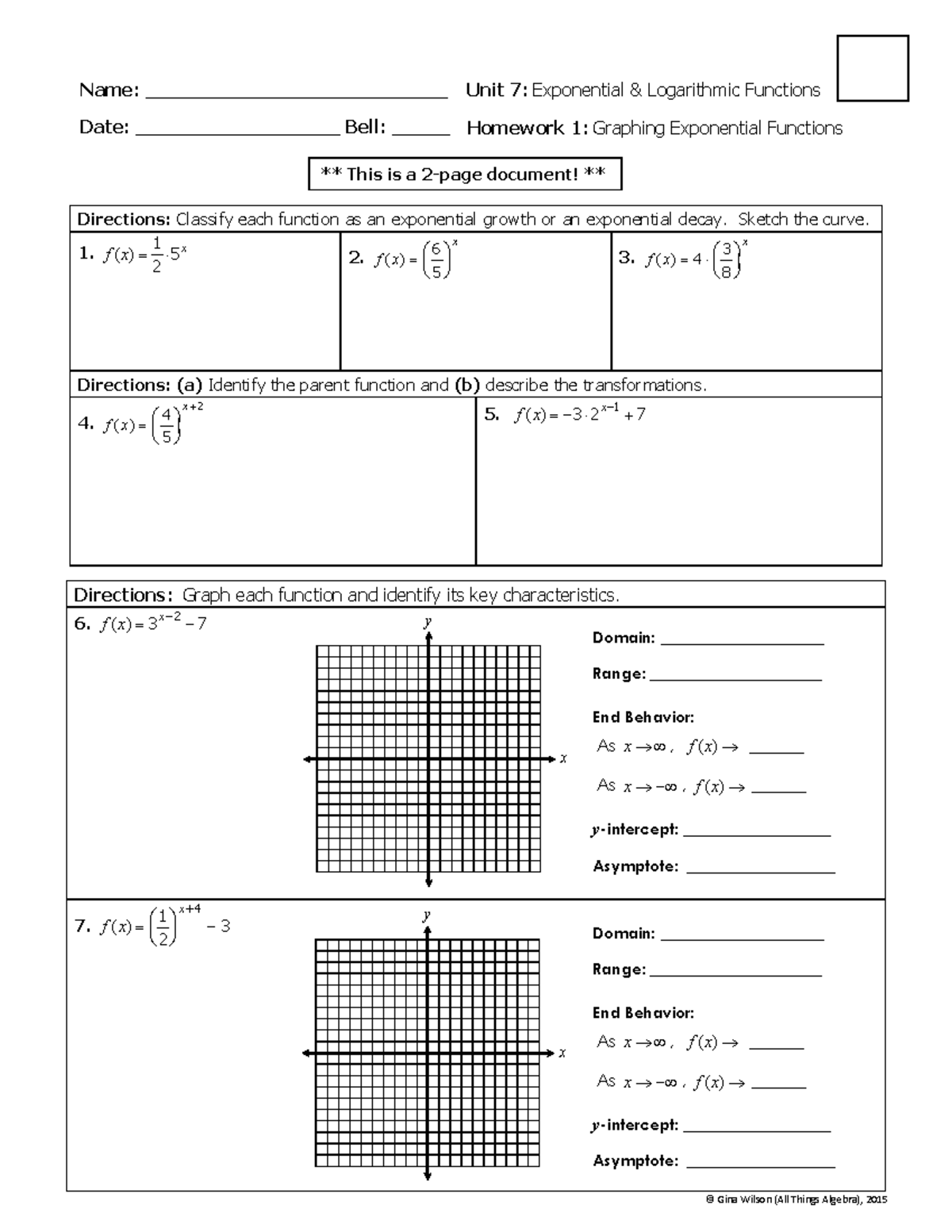 Graphing Exponential Functions Worksheet Graphing Exponential