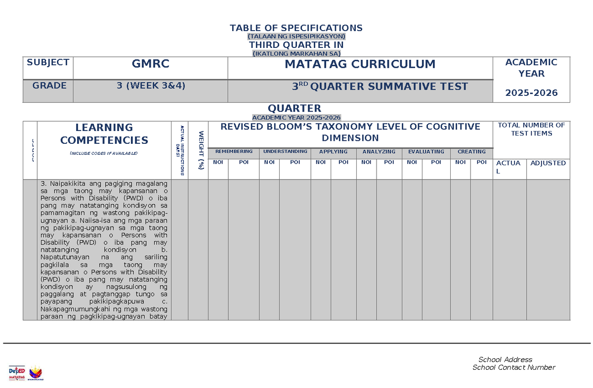 GMRC 3 - Third Quarter Summative Test Specifications - Studocu