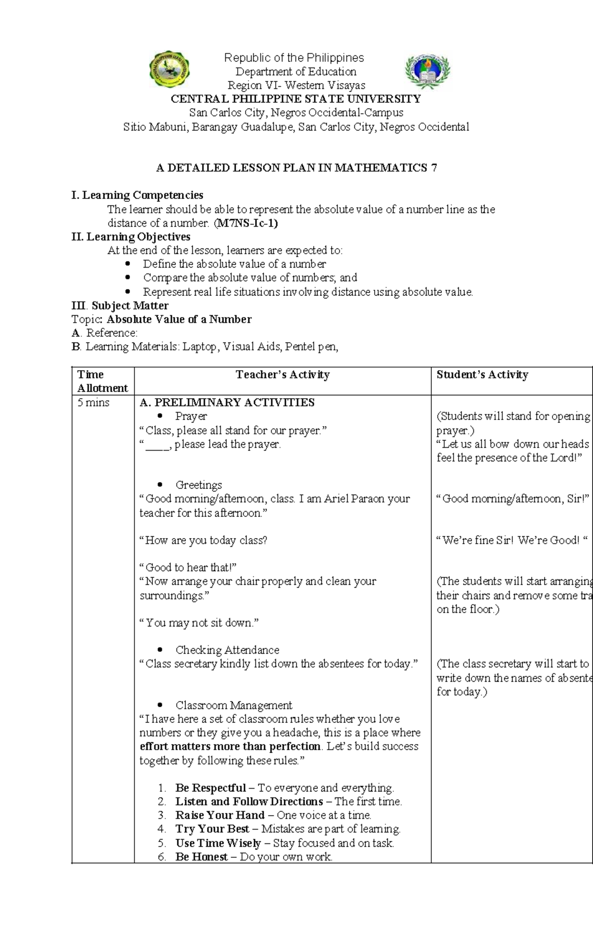 GRADE 7 - DETAILED LESSON PLAN ON ABSOLUTE VALUE IN MATHEMATICS - Studocu