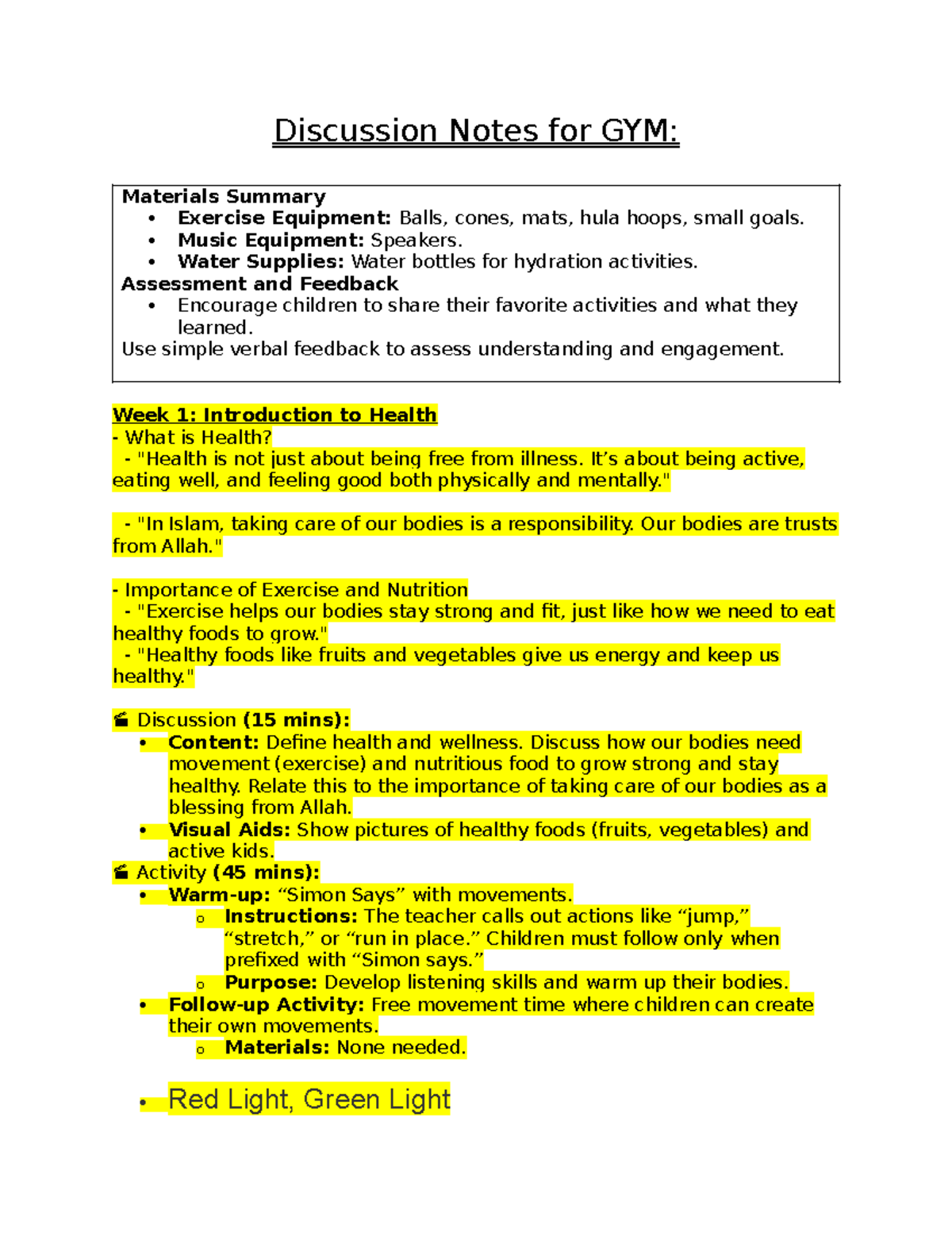 Discussion Notes for GYM - Discussion Notes for GYM: Materials Summary ...