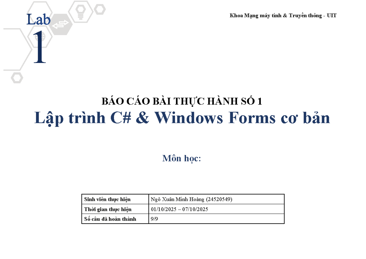 Báo cáo Thực Hành Số 1: Lập Trình Windows Forms - NT106 - Studocu