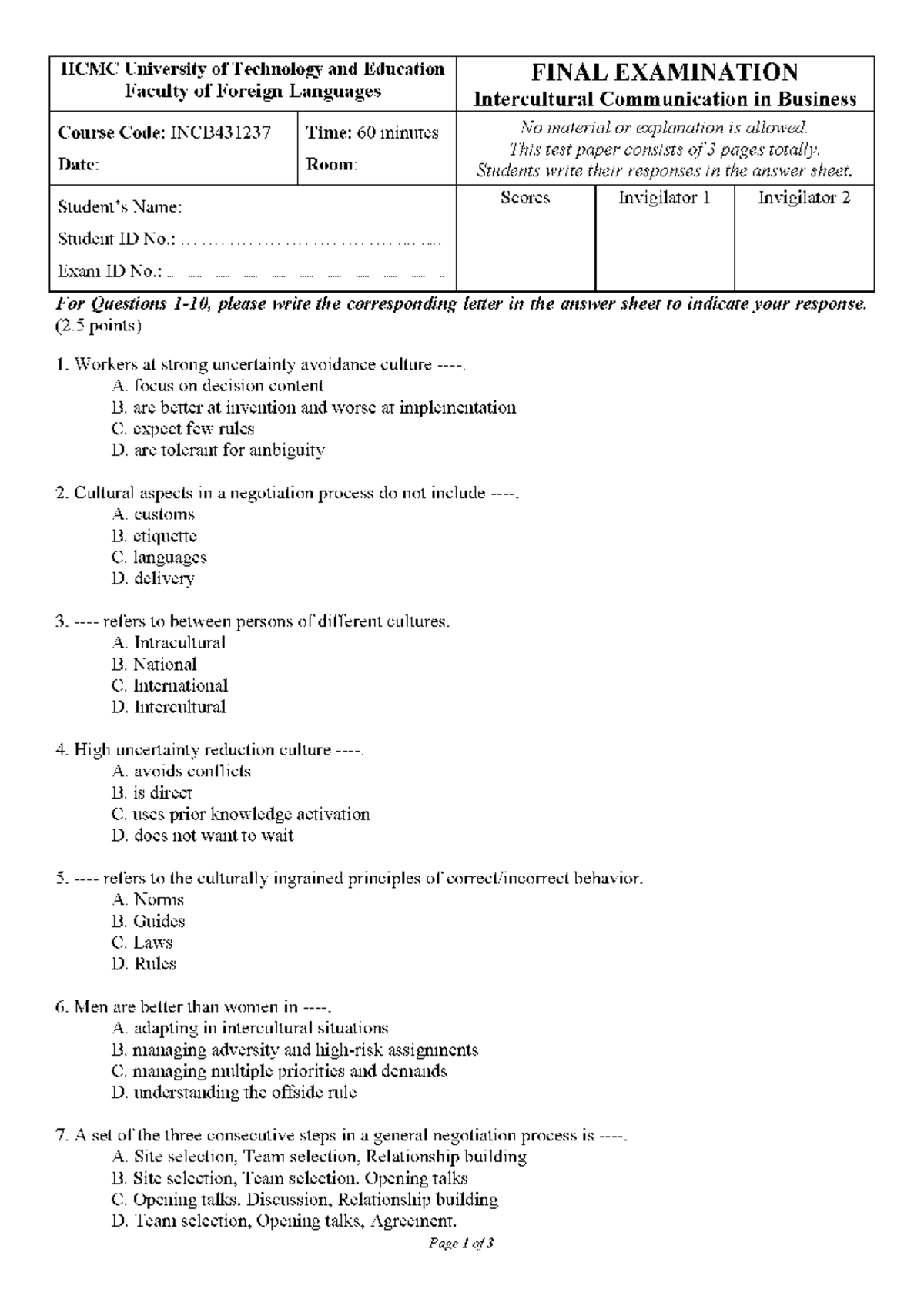 INCB431237 Final Exam Sample: Intercultural Communication in Business ...