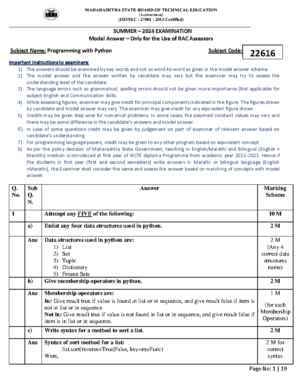 Model Answer for Programming with Python (22616) - Summer 2024 Exam ...