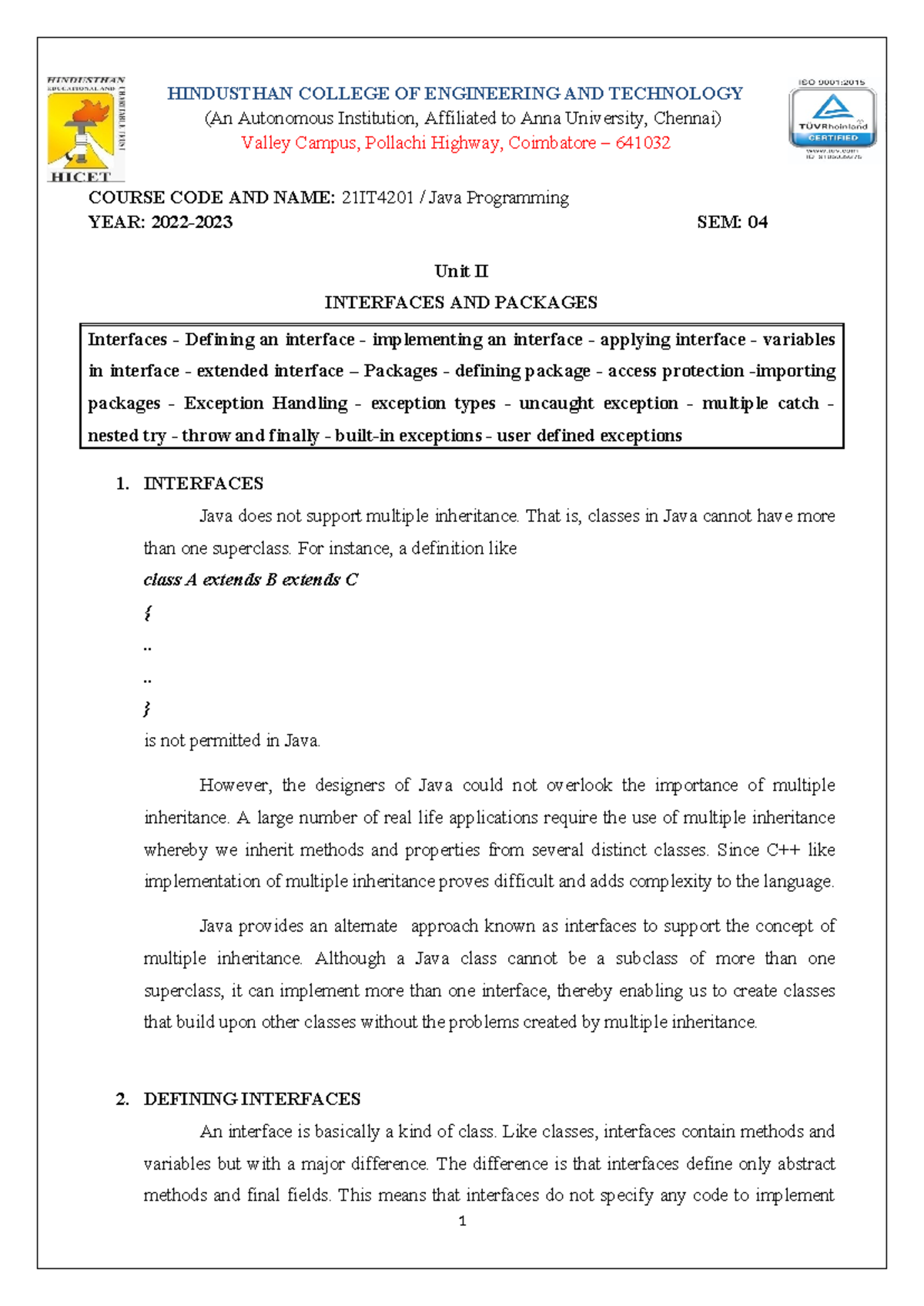 Java Programming 21IT4201 Unit II - Interfaces, Packages & Exception ...