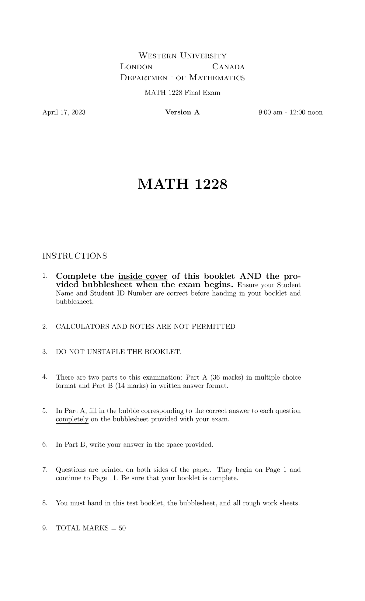 MATH 1228 Final Exam Preparation Document - April 17, 2023 - Studocu