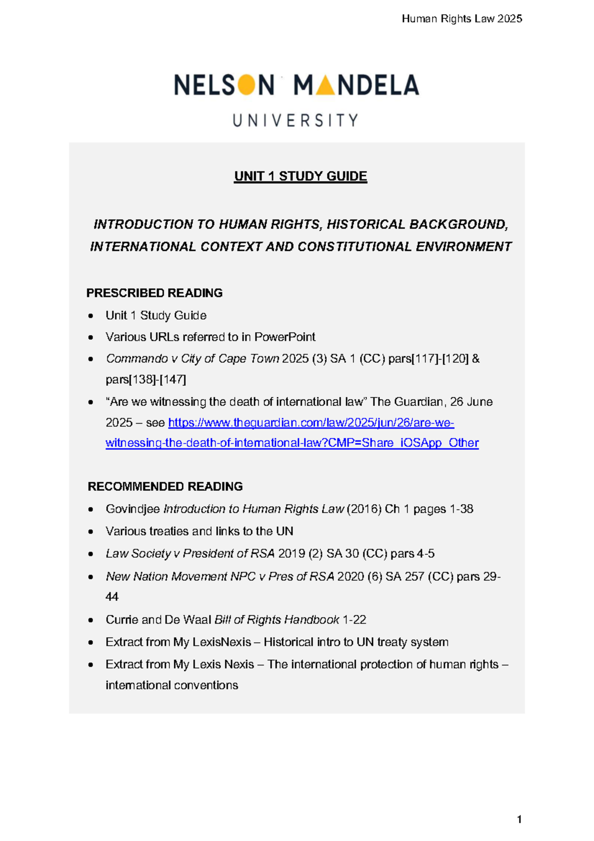 Human Rights Law 2025: Unit 1 Study Guide on Historical Context and ...